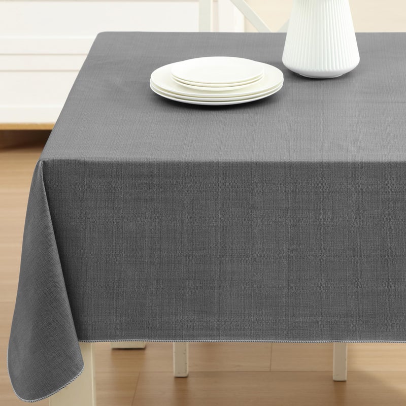 Lintex Cafe Hotel Linen Look Vinyl Flannel Backed Tablecloth, Heavyweight 4 Gauge, 60 x 84 Inch Rectangle, Grey Indoor Outdoor Waterproof Wipe Clean Table Cover - Image 1